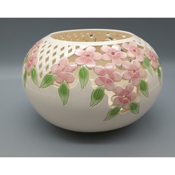 David Nelson Pottery Vase Round Bowl Pierced Cut Out Dogwood Flowers Pink - Picture 2 of 11